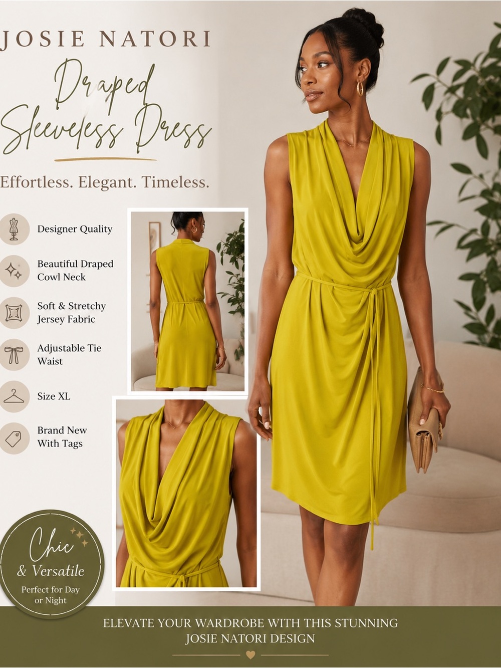 Natori Mustard Draped Sleeveless Wrap Dress